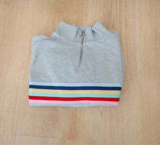 Sudadera gris con cremallera y rayas arcoíris