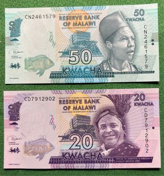 Banconote Malawi 20 e 50 Kwacha