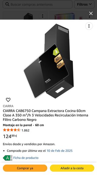 Campana Extractora CIARRA CAB6750 Negra NUEVA