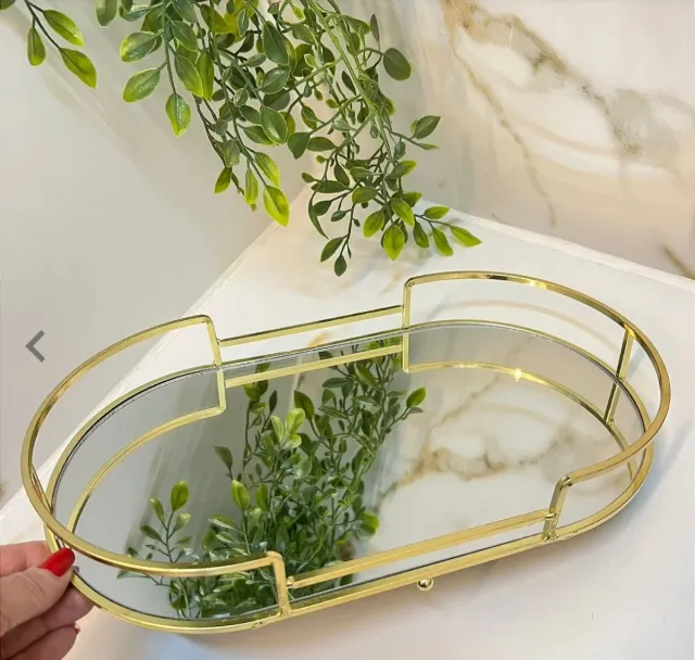 Bandeja decorativa dorada con espejo