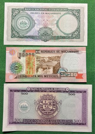Banconote Mozambico 100, 50000, 500 Escudos