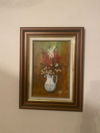 Cuadro bodegón pintado flores jarra