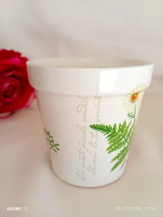 Vasetto ceramica decorato fiori e coccinella H&