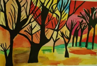 Acuarela abstracta de árboles y paisaje A3