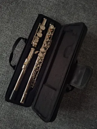 Flauta travesera con funda y guantes