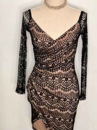 Vestido de fiesta encaje negro y beige