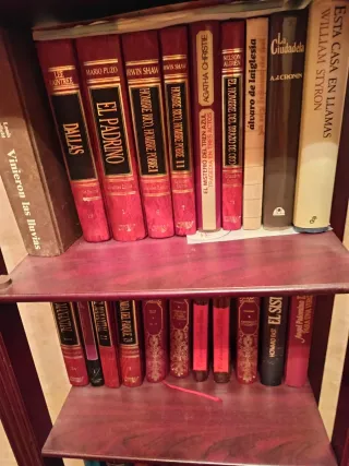 Librería de madera con libros rojos