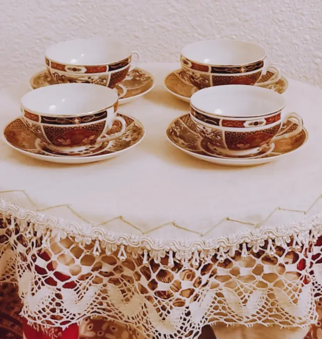 Juego 4 Tazas Café Porcelana Marrón, rojo y Blanco