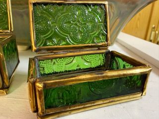 Pareja Cajas Joyero Cristal Verde Latón Antiguas