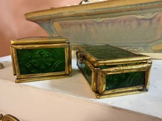Pareja Cajas Joyero Cristal Verde Latón Antiguas