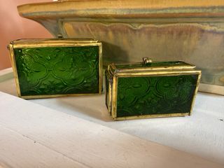 Pareja Cajas Joyero Cristal Verde Latón Antiguas