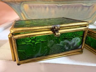 Pareja Cajas Joyero Cristal Verde Latón Antiguas