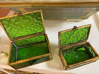 Pareja Cajas Joyero Cristal Verde Latón Antiguas