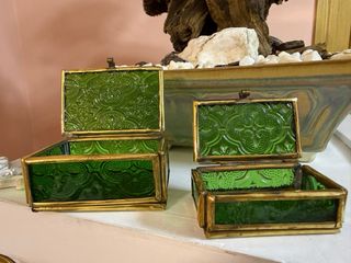 Pareja Cajas Joyero Cristal Verde Latón Antiguas