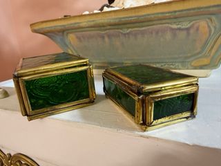 Pareja Cajas Joyero Cristal Verde Latón Antiguas
