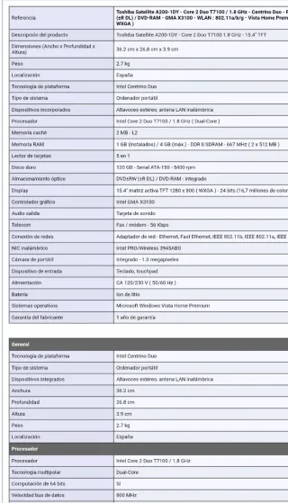 Portátil Toshiba A200 Series