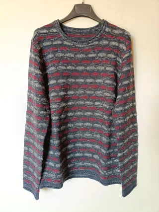 Maglione girocollo fantasia blu, bordeaux e grigio