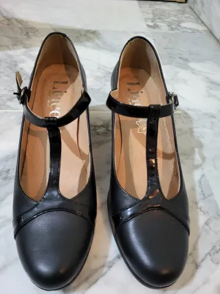 Zapatos Lince Piel Negro T-Strap Tacón