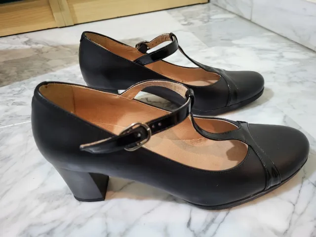 Zapatos Lince Piel Negro T-Strap Tacón