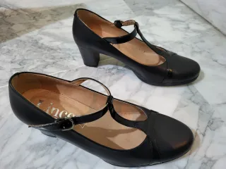 Zapatos Lince Piel Negro T-Strap Tacón