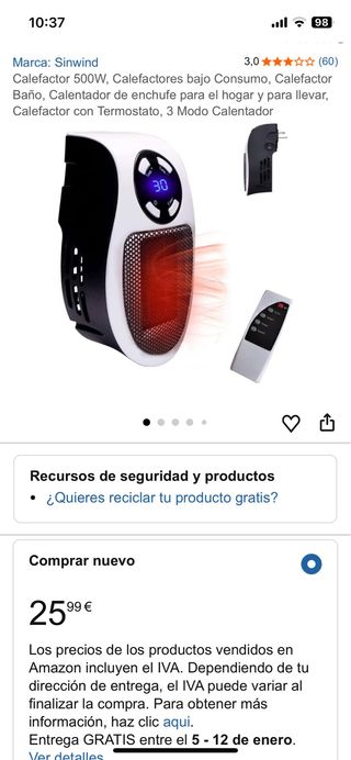 Calefactor Pequeño Enchufe 500W