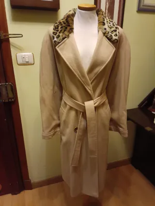 Abrigo vintage lana beige cuello leopardo