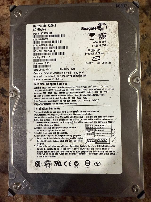 Disco Duro Seagate 80GB IDE Barracuda 7200.7