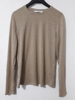 Camiseta Mango Beige Dorada Brillo