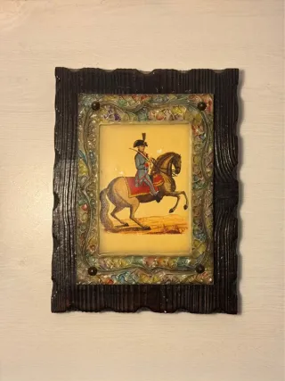 Quadro militare vintage in legno con cavallo