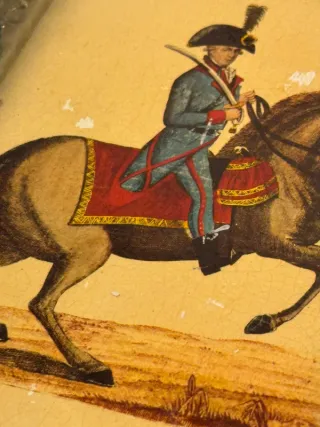 Quadro militare vintage in legno con cavallo