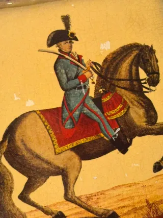 Quadro militare vintage in legno con cavallo