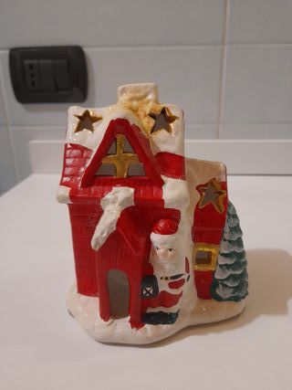 Portacandele Natalizio Ceramica Rosso Bianco