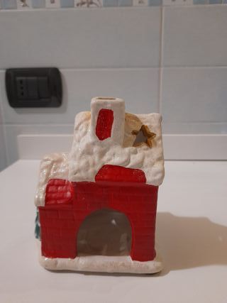 Portacandele Natalizio Ceramica Rosso Bianco