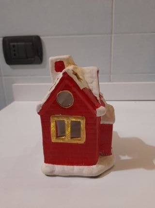 Portacandele Natalizio Ceramica Rosso Bianco