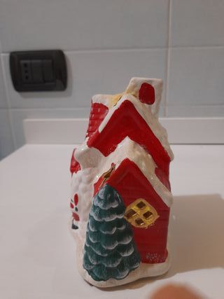 Portacandele Natalizio Ceramica Rosso Bianco