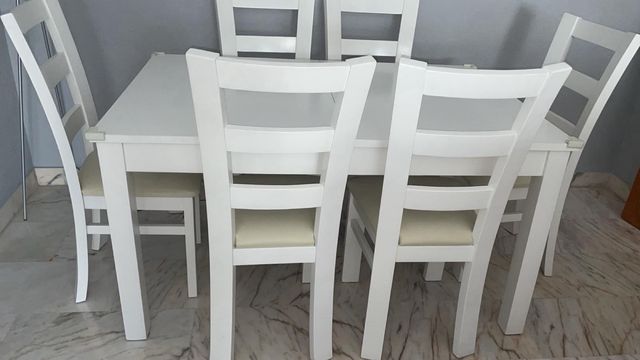 Mesa comedor blanca lacada y 6 sillas