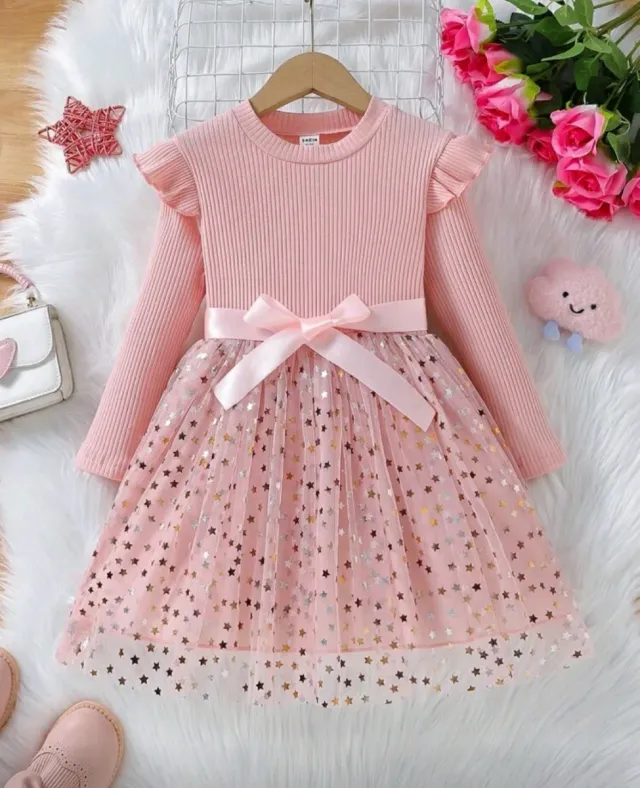 Abito rosa per bambina con stelle in tulle