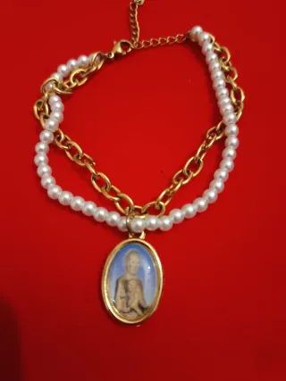 Pulsera doble perlas y cadena acero con medalla