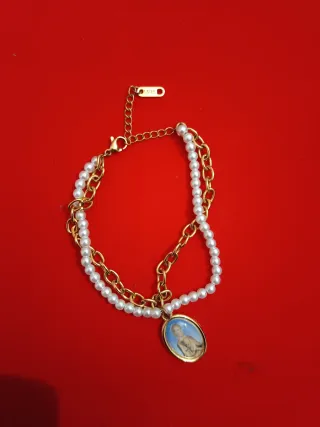Pulsera doble perlas y cadena acero con medalla