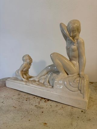 Charles Lemanceau – Scultura Art Déco “Madre e Bambino” – Ceramica craquelé, anni ’30