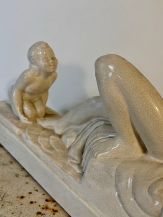 Charles Lemanceau – Scultura Art Déco “Madre e Bambino” – Ceramica craquelé, anni ’30
