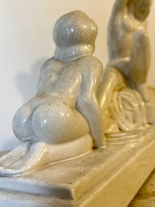 Charles Lemanceau – Scultura Art Déco “Madre e Bambino” – Ceramica craquelé, anni ’30