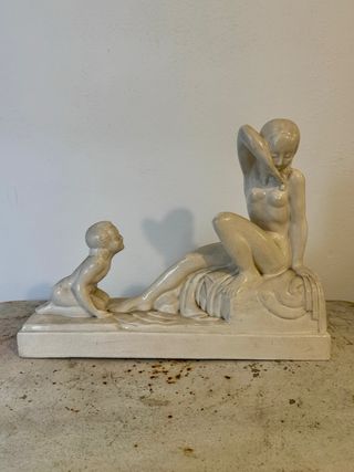 Charles Lemanceau – Scultura Art Déco “Madre e Bambino” – Ceramica craquelé, anni ’30