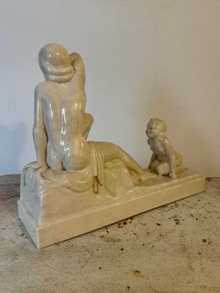 Charles Lemanceau – Scultura Art Déco “Madre e Bambino” – Ceramica craquelé, anni ’30