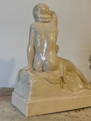 Charles Lemanceau – Scultura Art Déco “Madre e Bambino” – Ceramica craquelé, anni ’30