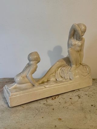 Charles Lemanceau – Scultura Art Déco “Madre e Bambino” – Ceramica craquelé, anni ’30
