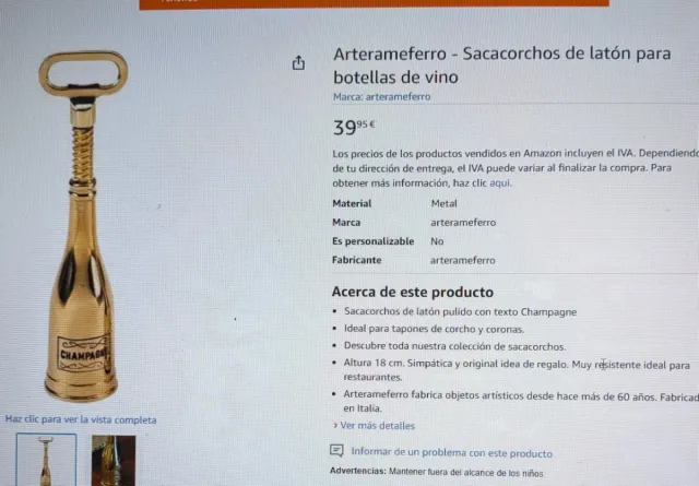 Cavatappi in ottone stile bottiglia di Champagne