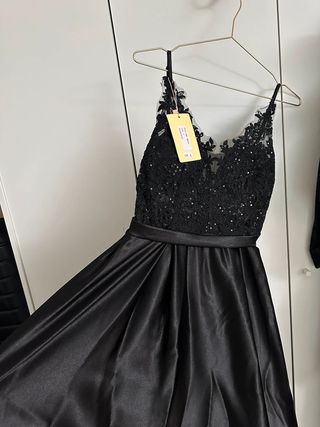 Vestido Negro Largo Fiesta Encaje Brillante