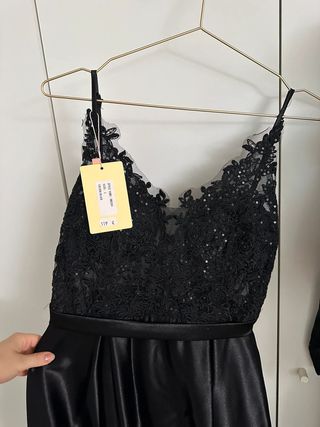 Vestido Negro Largo Fiesta Encaje Brillante