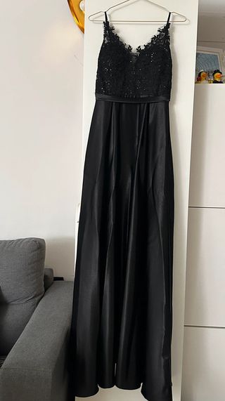 Vestido Negro Largo Fiesta Encaje Brillante